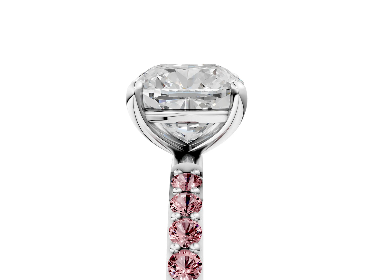 Platinum Cushion Cut Diamond Solitaire Ring with Round Morganite Pavé Band and Prong Setting_17