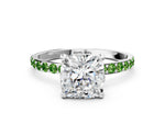 Platinum Cushion Cut Diamond Solitaire Ring with Round Peridot Pavé Band and Prong Setting_12