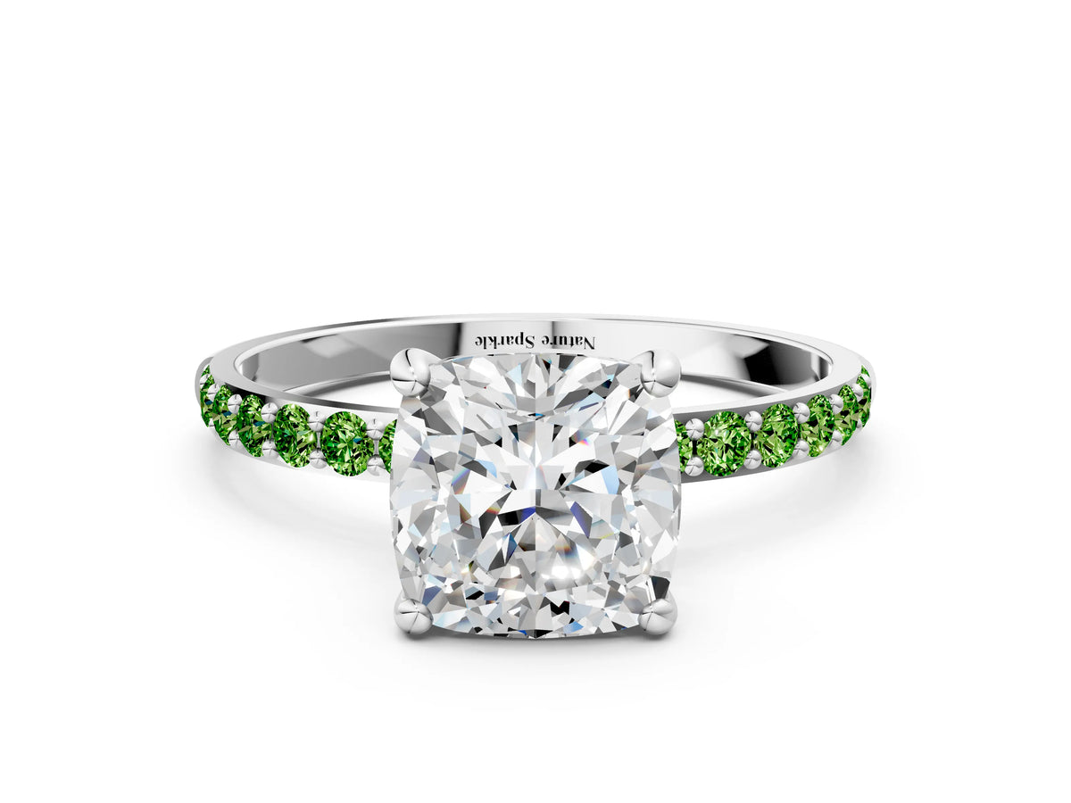 Platinum Cushion Cut Diamond Solitaire Ring with Round Peridot Pavé Band and Prong Setting_12