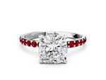 Platinum Cushion Cut Diamond Solitaire Ring with Round Ruby Pavé Band and Prong Setting_12