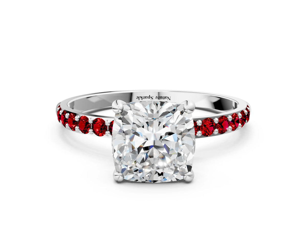 Platinum Cushion Cut Diamond Solitaire Ring with Round Ruby Pavé Band and Prong Setting_12