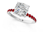 Platinum Cushion Cut Diamond Solitaire Ring with Round Ruby Pavé Band and Prong Setting_13