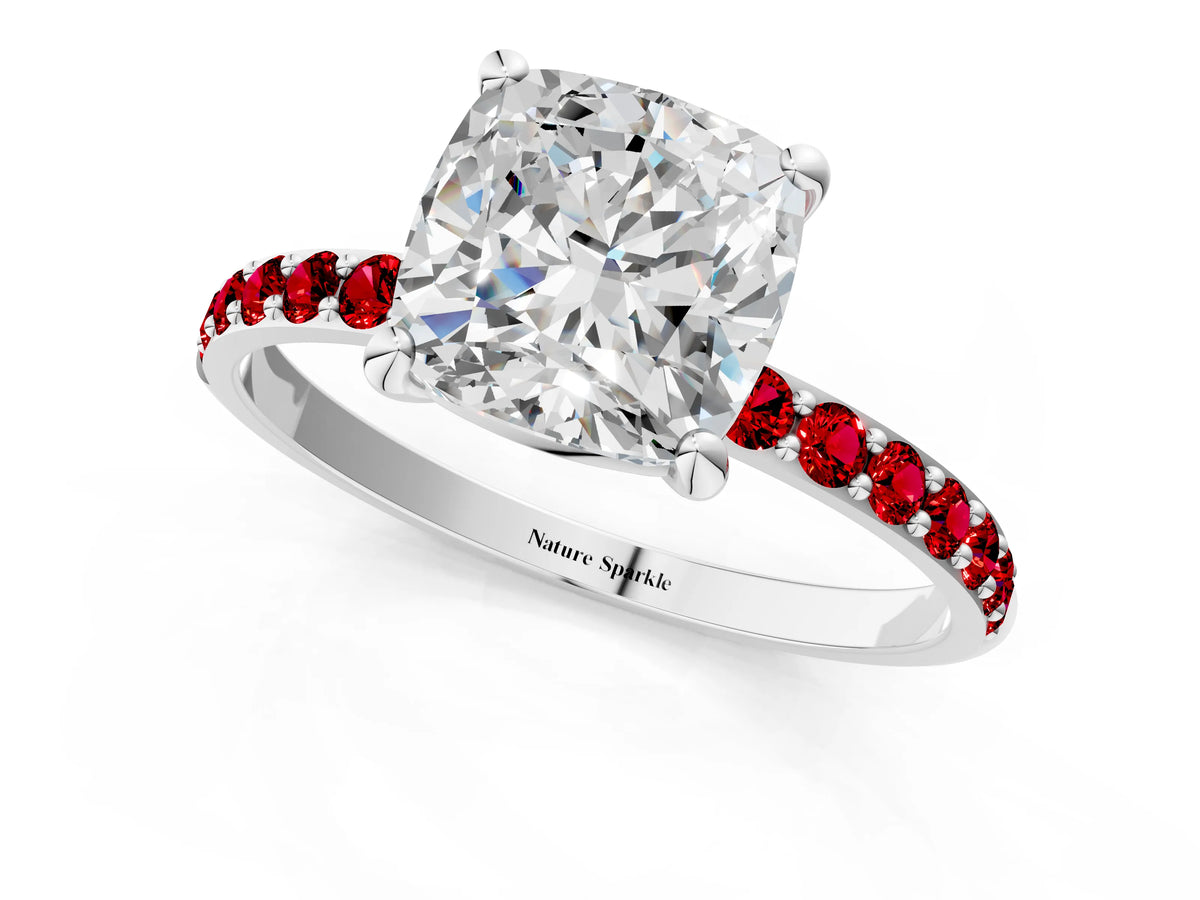 Platinum Cushion Cut Diamond Solitaire Ring with Round Ruby Pavé Band and Prong Setting_13