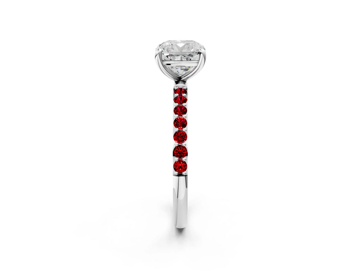 Platinum Cushion Cut Diamond Solitaire Ring with Round Ruby Pavé Band and Prong Setting_14