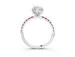 Platinum Cushion Cut Diamond Solitaire Ring with Round Ruby Pavé Band and Prong Setting_15
