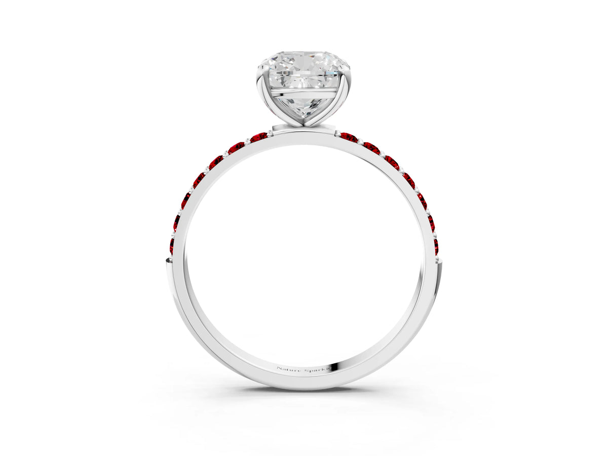 Platinum Cushion Cut Diamond Solitaire Ring with Round Ruby Pavé Band and Prong Setting_15
