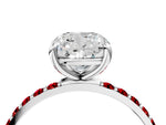 Platinum Cushion Cut Diamond Solitaire Ring with Round Ruby Pavé Band and Prong Setting_16