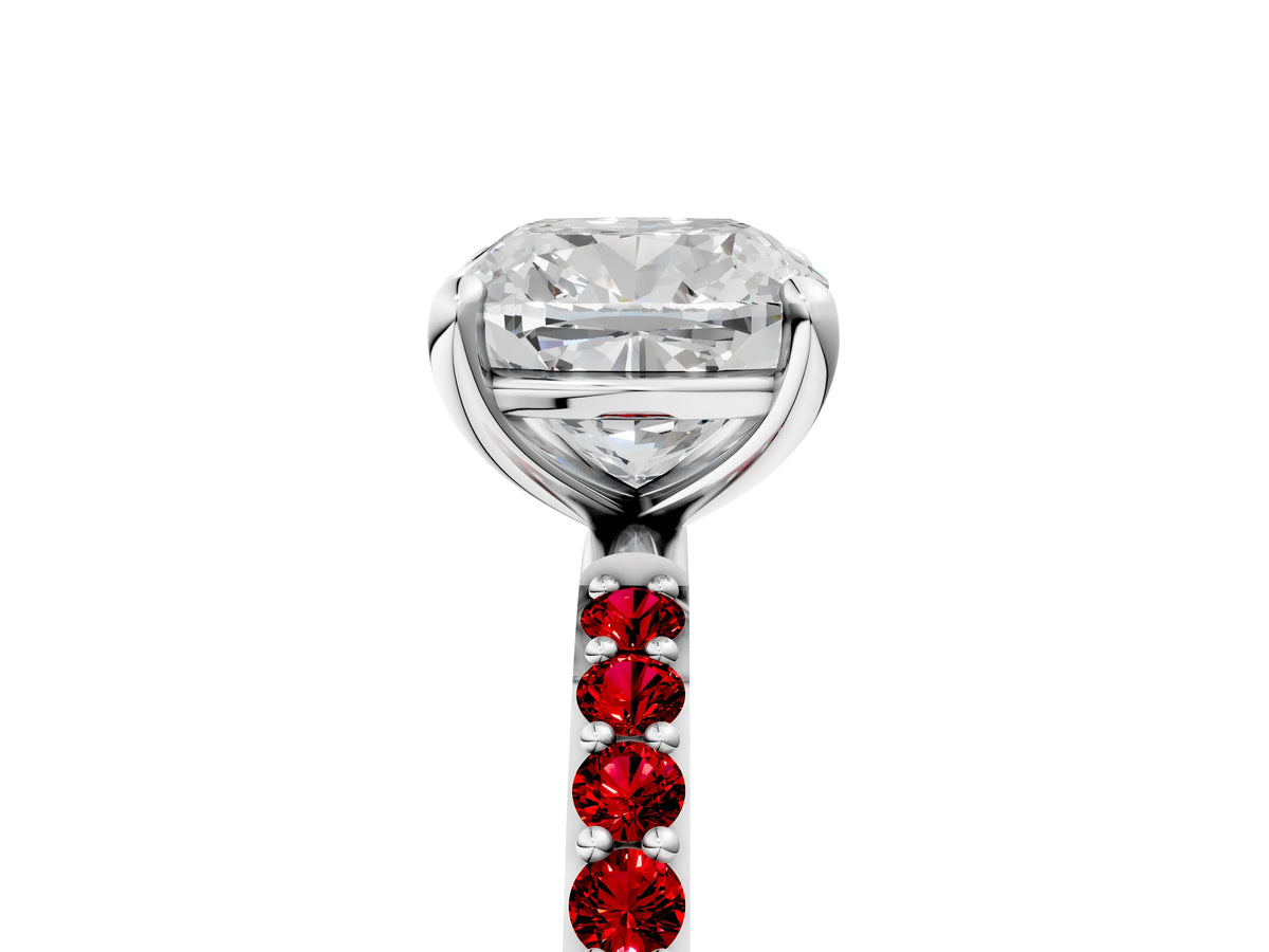 Platinum Cushion Cut Diamond Solitaire Ring with Round Ruby Pavé Band and Prong Setting_17