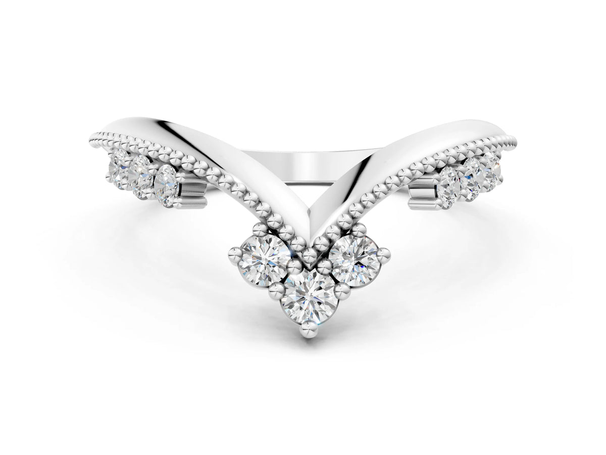 Platinum Diamond Chevron Milgrain Band with Round Cut Stones and Prong Setting_12