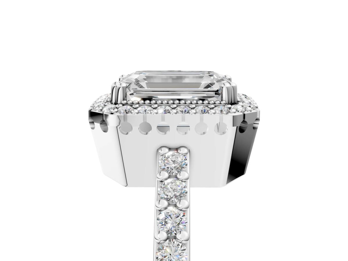 Platinum Emerald Cut Cut Diamond Halo Engagement Ring with Milgrain Detail and Pavé Band_5