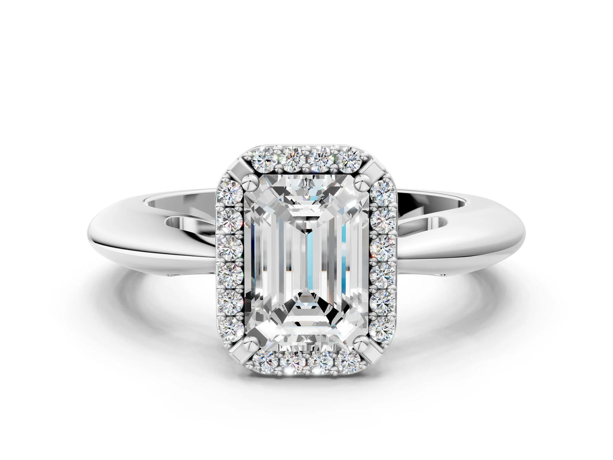 Platinum Emerald Cut Cut Diamond Halo Engagement Ring with Split Shank and Four-Prong Setting