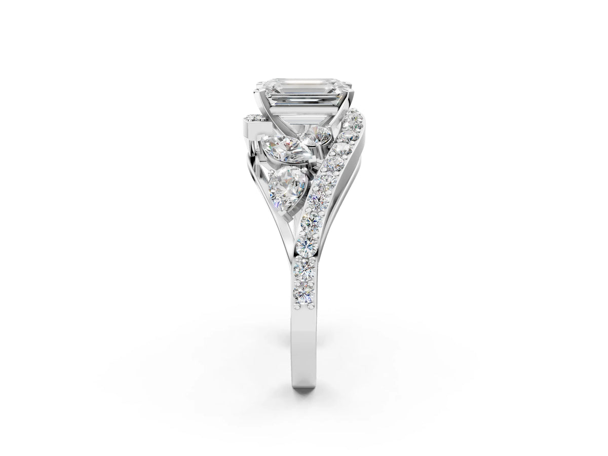 Platinum Emerald Cut Diamond Halo Ring with Marquise and Pavé Band in Prong Setting_14