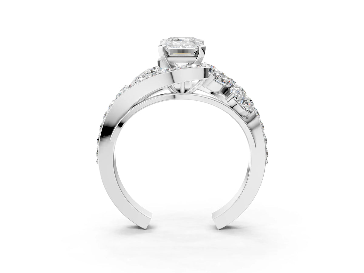 Platinum Emerald Cut Diamond Halo Ring with Marquise and Pavé Band in Prong Setting_15