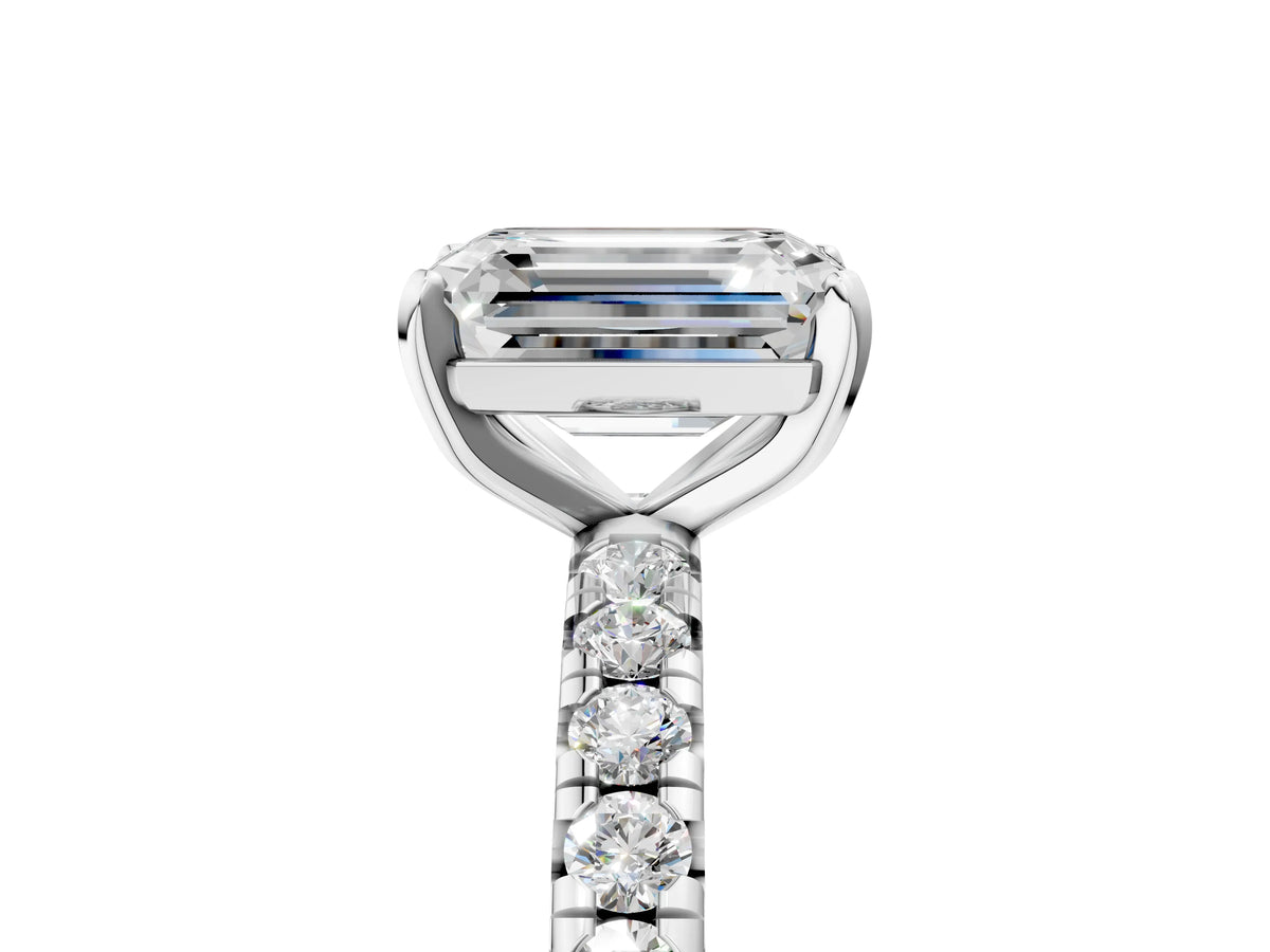 Platinum Emerald Cut Diamond Pavé Solitaire Ring with Round Band and Prong Setting_5