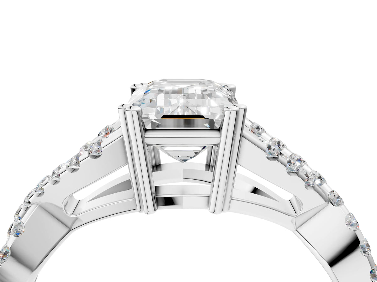 Platinum Emerald Cut Diamond Solitaire Ring with Four-Prong Setting and Twisted Pavé Band_10