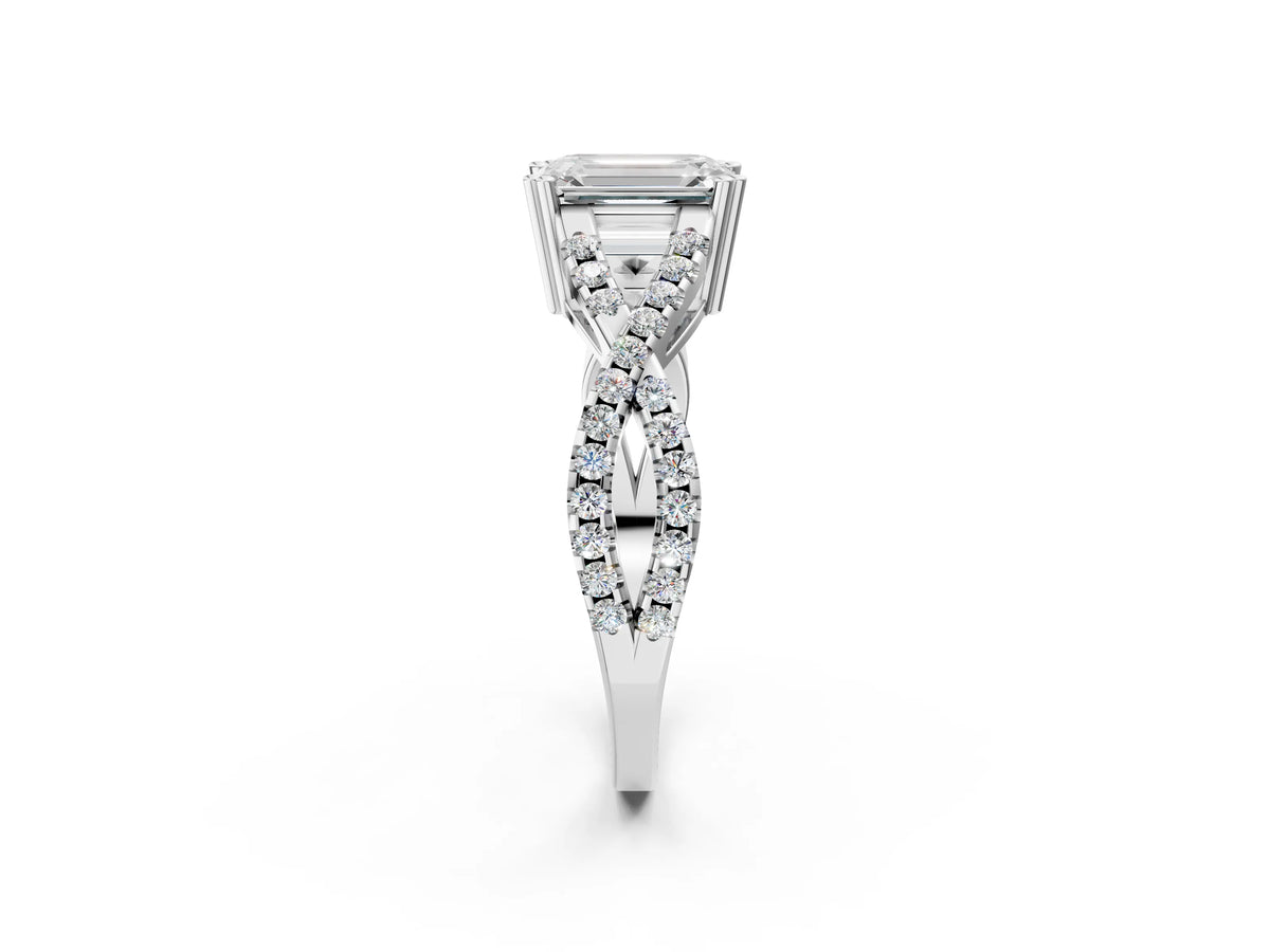 Platinum Emerald Cut Diamond Solitaire Ring with Four-Prong Setting and Twisted Pavé Band_8