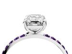 Platinum Emerald Cut Diamond Solitaire Ring with Round Amethyst Pavé Band and Prong Setting_10