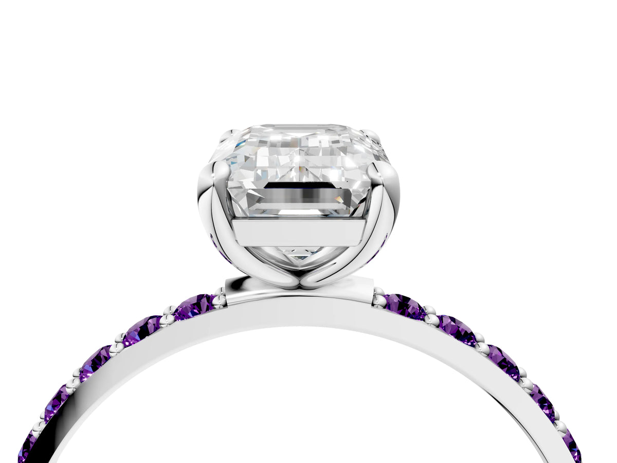Platinum Emerald Cut Diamond Solitaire Ring with Round Amethyst Pavé Band and Prong Setting_10
