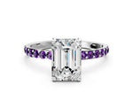 Platinum Emerald Cut Diamond Solitaire Ring with Round Amethyst Pavé Band and Prong Setting_6