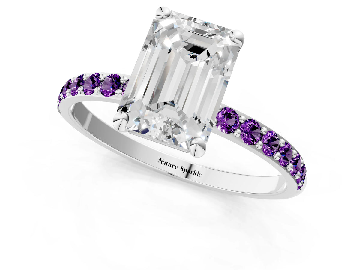 Platinum Emerald Cut Diamond Solitaire Ring with Round Amethyst Pavé Band and Prong Setting_7