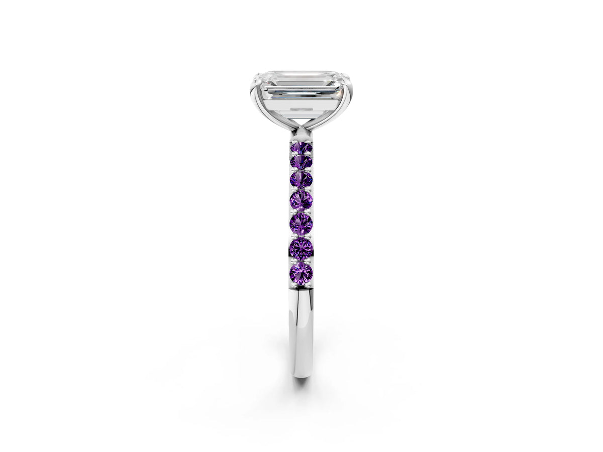 Platinum Emerald Cut Diamond Solitaire Ring with Round Amethyst Pavé Band and Prong Setting_8