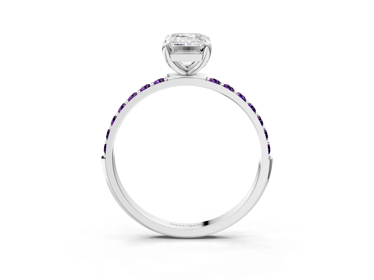 Platinum Emerald Cut Diamond Solitaire Ring with Round Amethyst Pavé Band and Prong Setting_9