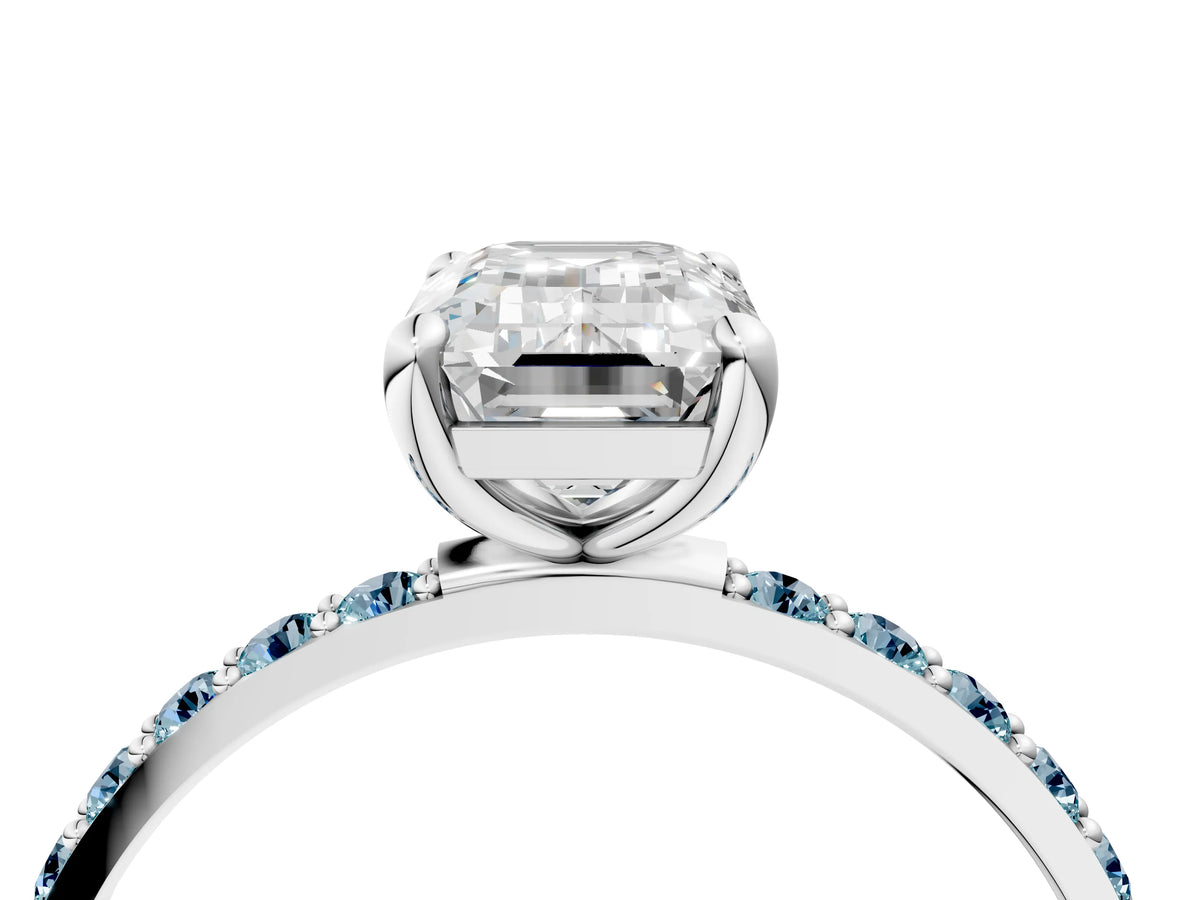 Platinum Emerald Cut Diamond Solitaire Ring with Round Aquamarine Pavé Band and Prong Setting_10