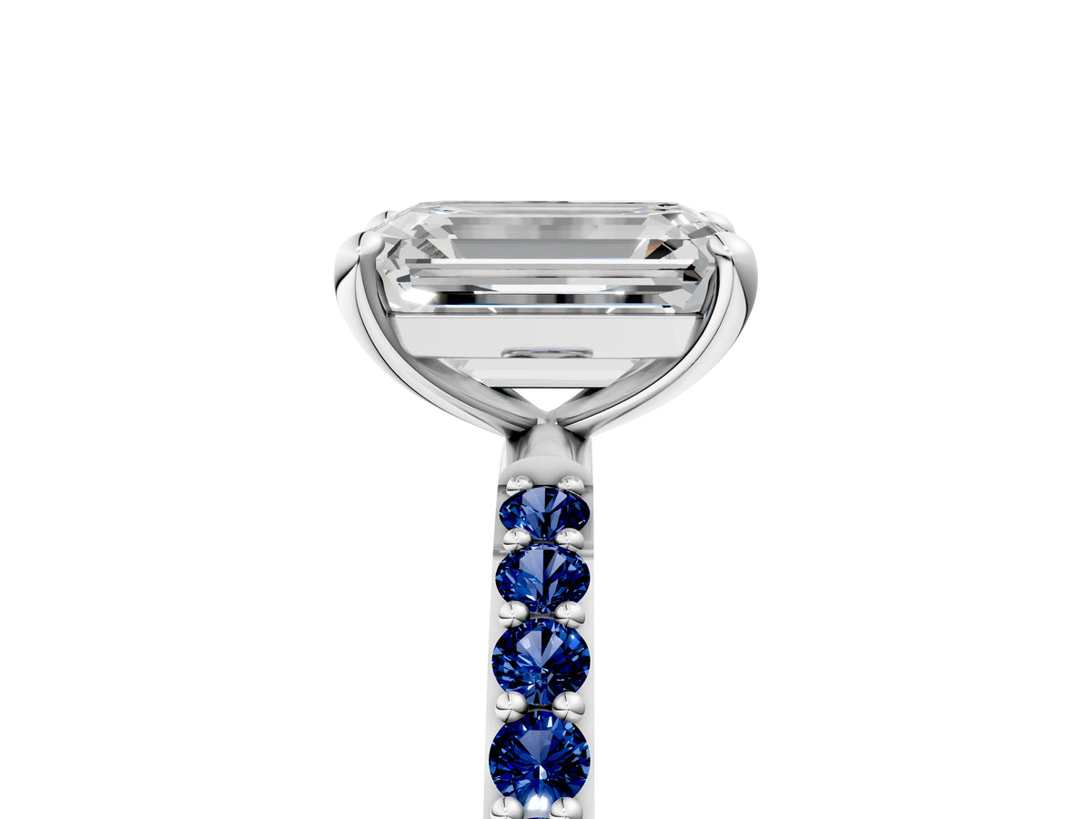 Platinum Emerald Cut Diamond Solitaire Ring with Round Blue Sapphire Pavé Band and Prong Setting_11