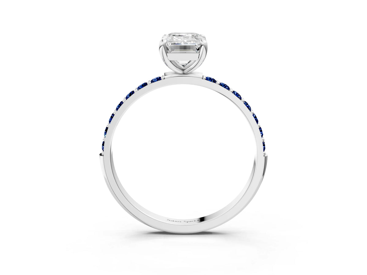Platinum Emerald Cut Diamond Solitaire Ring with Round Blue Sapphire Pavé Band and Prong Setting_9