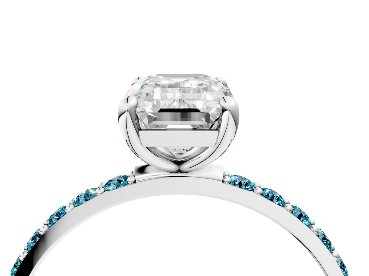 Platinum Emerald Cut Diamond Solitaire Ring with Round Blue Topaz Pavé Band and Prong Setting_10