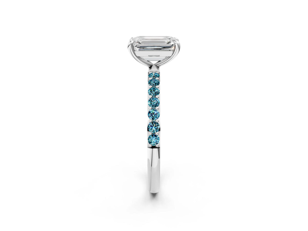 Platinum Emerald Cut Diamond Solitaire Ring with Round Blue Topaz Pavé Band and Prong Setting_8