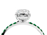 Platinum Emerald Cut Diamond Solitaire Ring with Round Emerald Pavé Band and Prong Setting_10