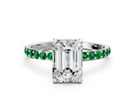 Platinum Emerald Cut Diamond Solitaire Ring with Round Emerald Pavé Band and Prong Setting_6