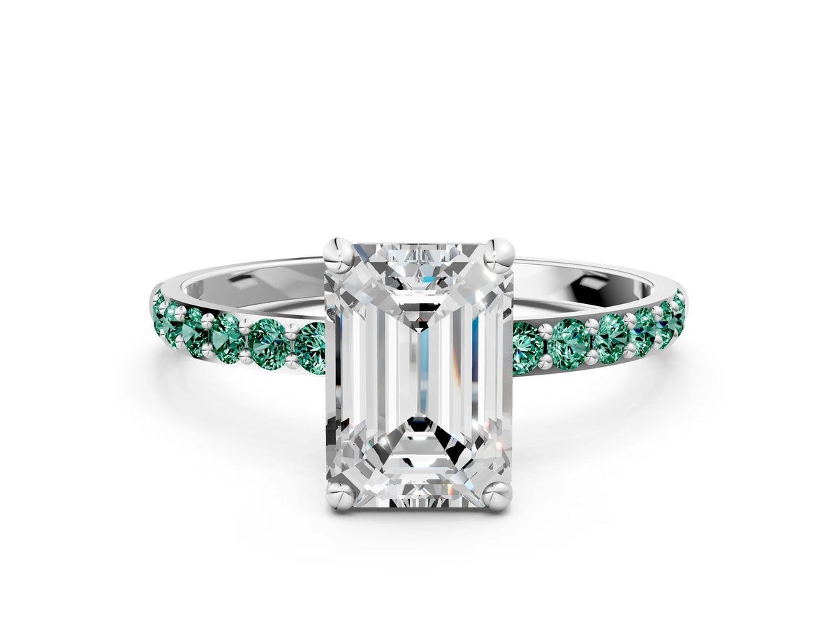 Platinum Emerald Cut Diamond Solitaire Ring with Round Green Sapphire Pavé Band and Prong Setting_6