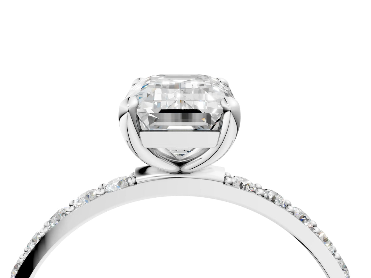 Platinum Emerald Cut Diamond Solitaire Ring with Round Moissanite Pavé Band and Prong Setting_10