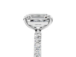 Platinum Emerald Cut Diamond Solitaire Ring with Round Moissanite Pavé Band and Prong Setting_11