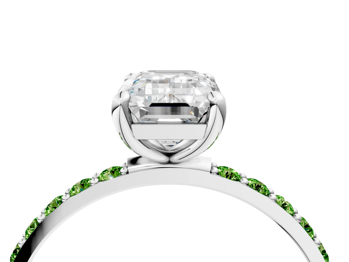 Platinum Emerald Cut Diamond Solitaire Ring with Round Peridot Pavé Band and Prong Setting_10