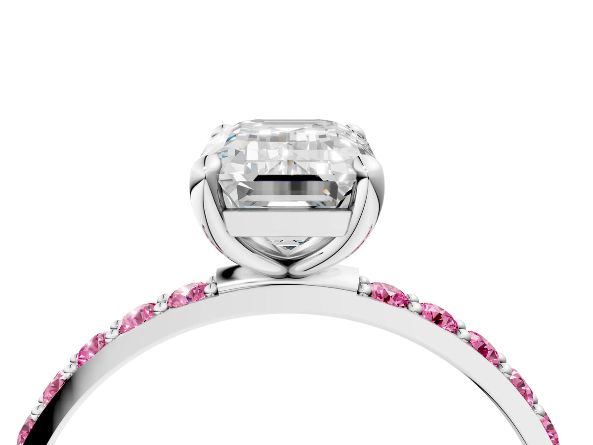 Platinum Emerald Cut Diamond Solitaire Ring with Round Pink Sapphire Pavé Band and Prong Setting_10