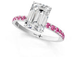 Platinum Emerald Cut Diamond Solitaire Ring with Round Pink Sapphire Pavé Band and Prong Setting_7