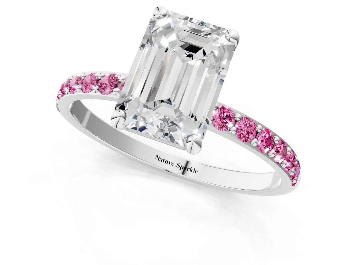 Platinum Emerald Cut Diamond Solitaire Ring with Round Pink Sapphire Pavé Band and Prong Setting_7