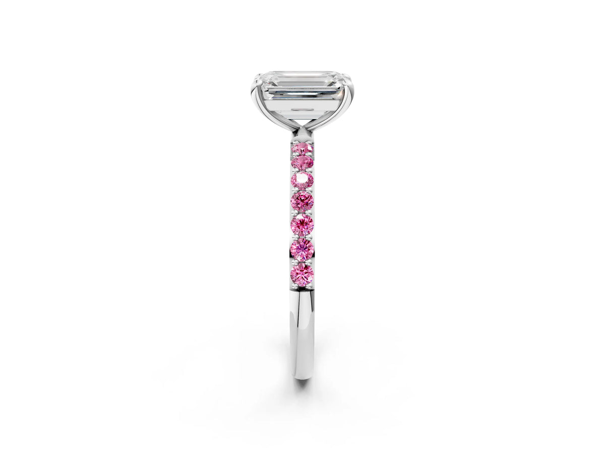 Platinum Emerald Cut Diamond Solitaire Ring with Round Pink Sapphire Pavé Band and Prong Setting_8