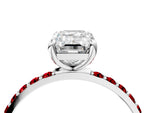 Platinum Emerald Cut Diamond Solitaire Ring with Round Ruby Pavé Band and Prong Setting_10