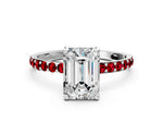Platinum Emerald Cut Diamond Solitaire Ring with Round Ruby Pavé Band and Prong Setting_6
