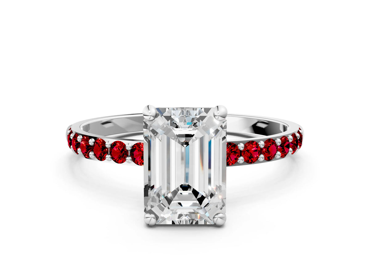 Platinum Emerald Cut Diamond Solitaire Ring with Round Ruby Pavé Band and Prong Setting_6