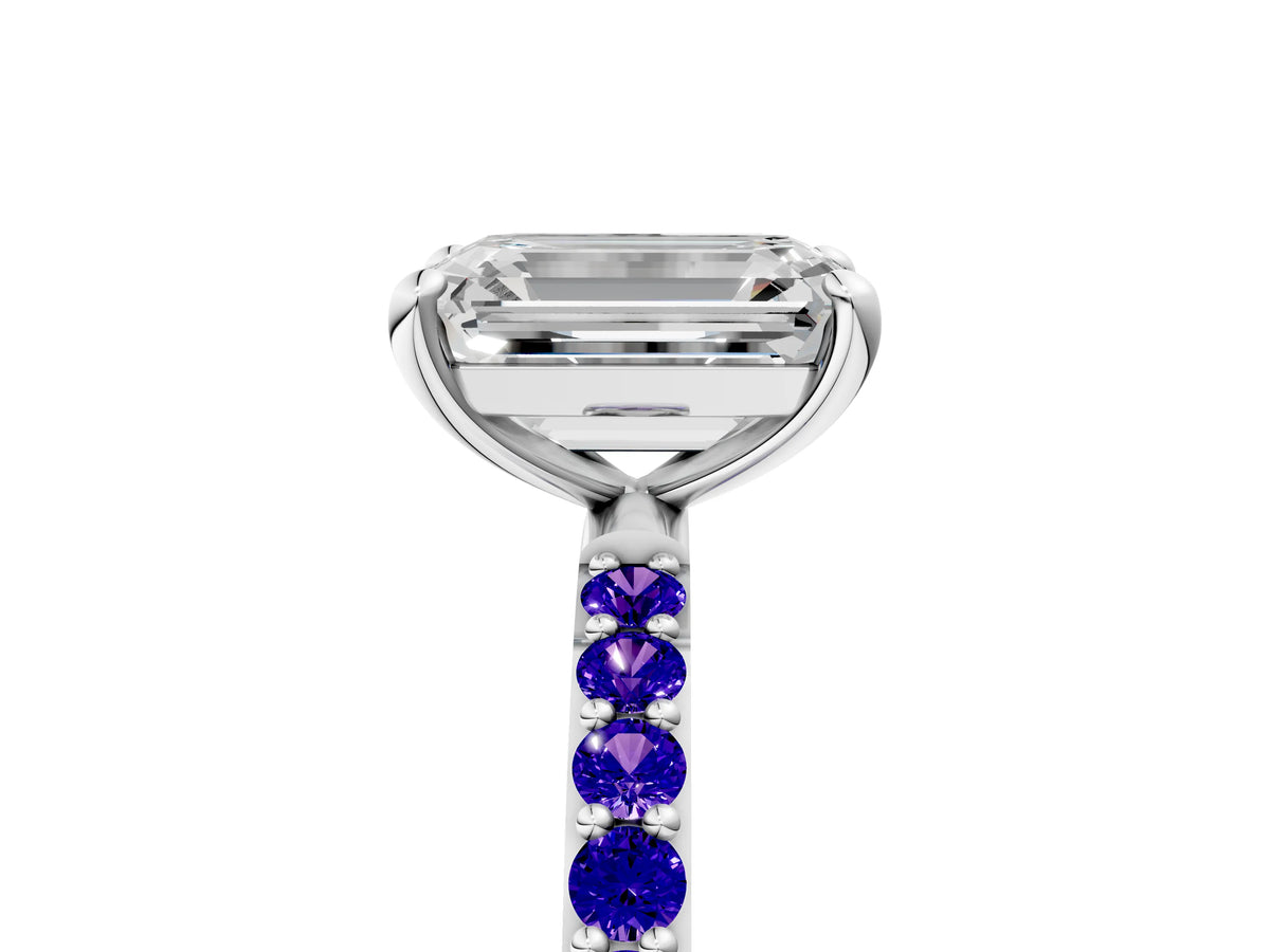 Platinum Emerald Cut Diamond Solitaire Ring with Round Tanzanite Pavé Band and Prong Setting_11