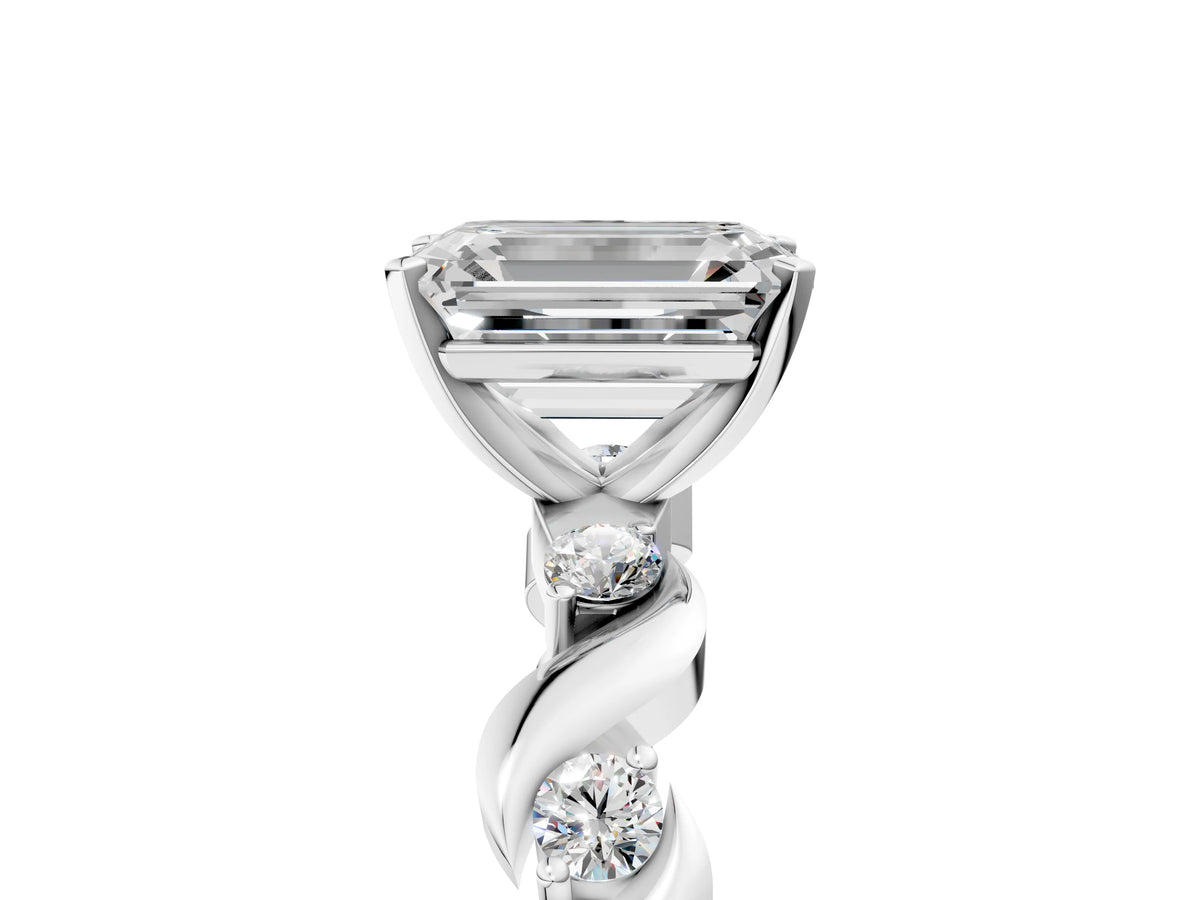 Platinum Emerald Cut Diamond Solitaire Twisted Band with Round Accents and Prong Setting_17