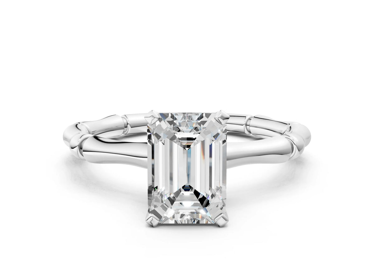 Platinum Emerald Cut Solitaire Diamond Ring with Bamboo Band and Four-Prong Setting_12