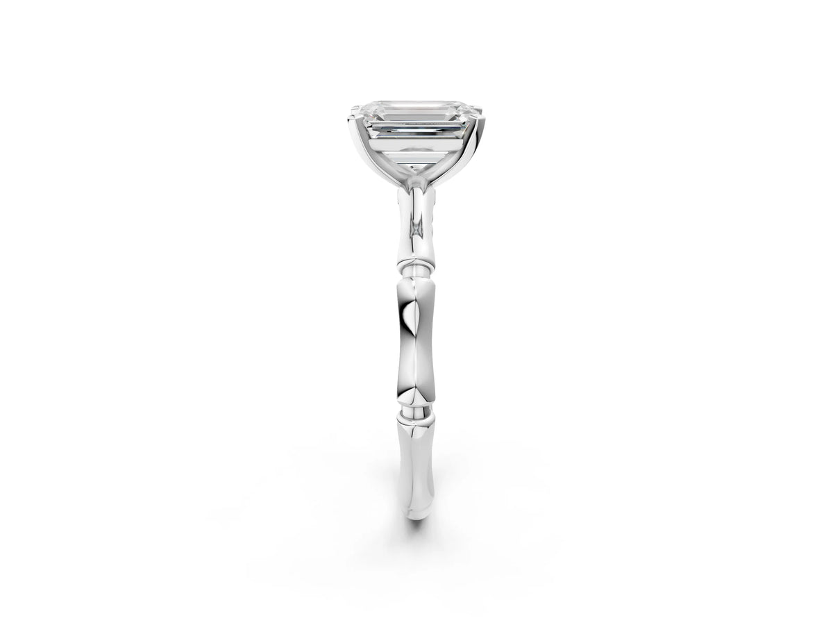 Platinum Emerald Cut Solitaire Diamond Ring with Bamboo Band and Four-Prong Setting_14