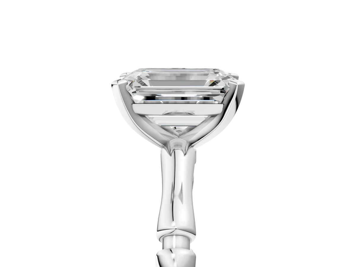 Platinum Emerald Cut Solitaire Diamond Ring with Bamboo Band and Four-Prong Setting_17