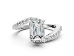 Platinum Emerald Cut Solitaire Twist Band with Pave Set Diamonds and Four-Prong Setting_12